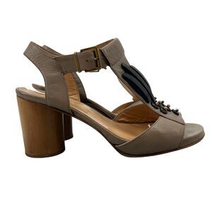 Robert Clergerie Womens 8 Sandal Beige Pise Ankle Buckle Adjustable Block Heels